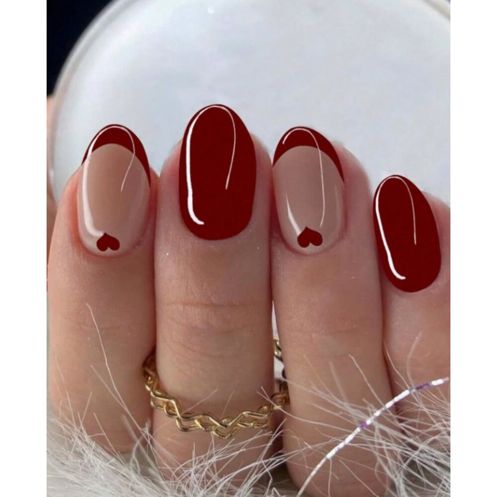 24pc Red Heart French Tip Press-On Nails Oval Glossy Glue-On Manicure Set